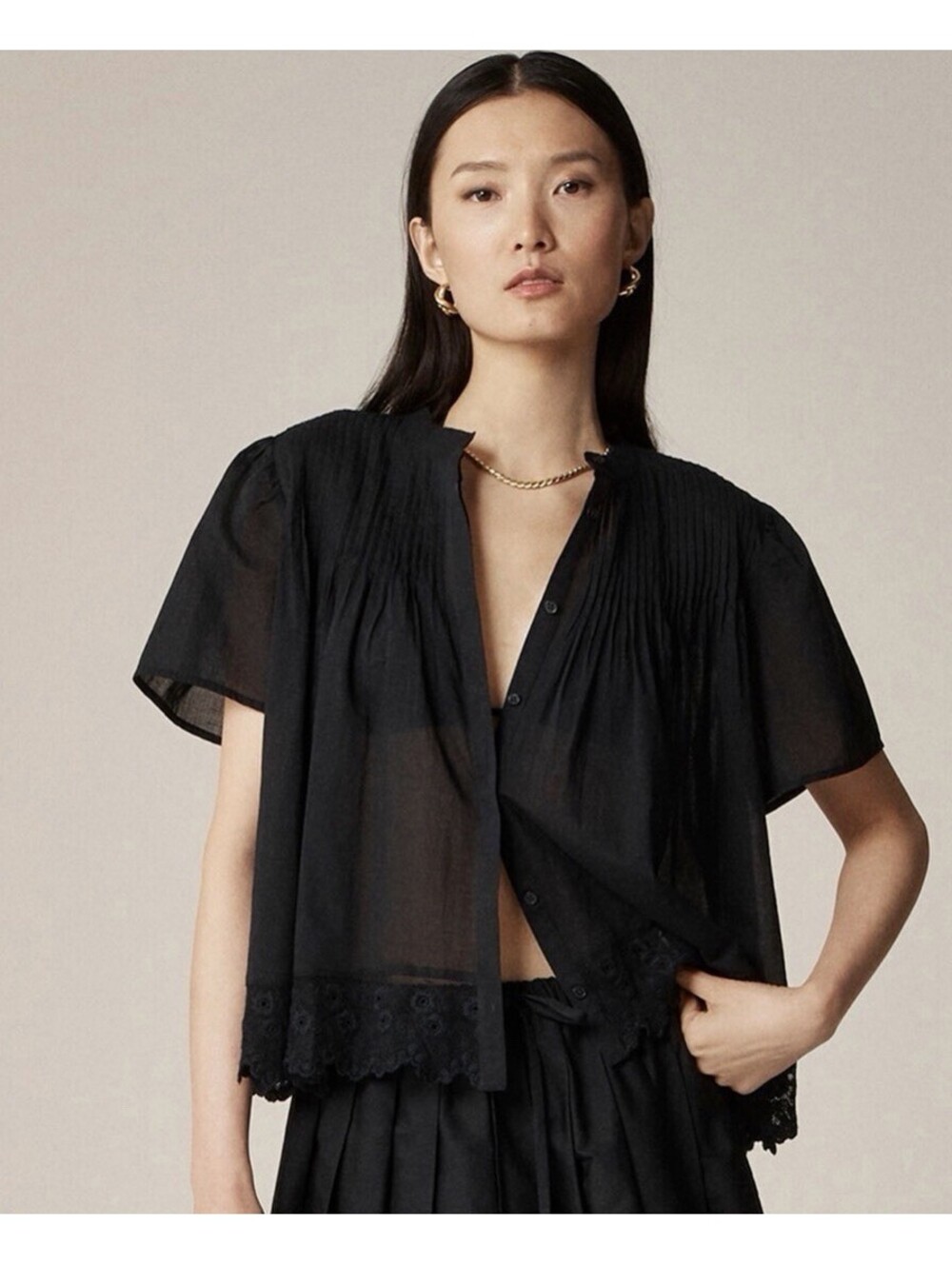 J Crew Abigail Pintuck Lace Trim Shirt Black Sz M Flowy Gauzy Cotton Boho